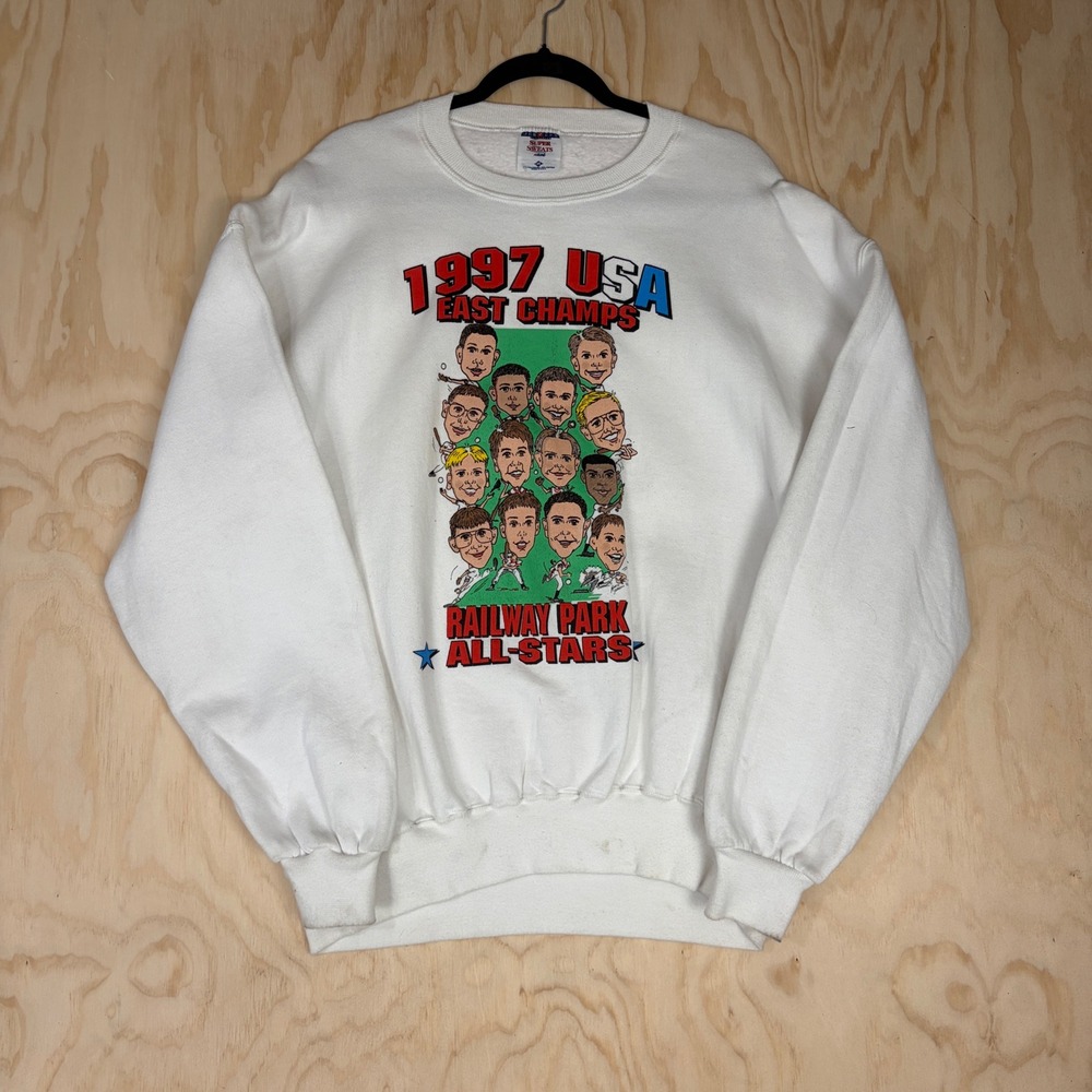Vintage 1997 Jerzees USA East Champs Railway Park All-Stars Sweatshirt XL White